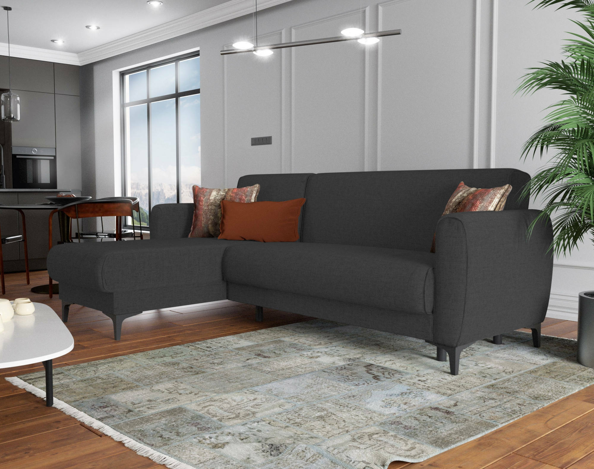 foto del prodotto divano letto aber, divano letto ad angolo con penisola reversibile, sof contenitore moderno con chaiselongue e 3 cuscini, cm 230x153h85, antracite