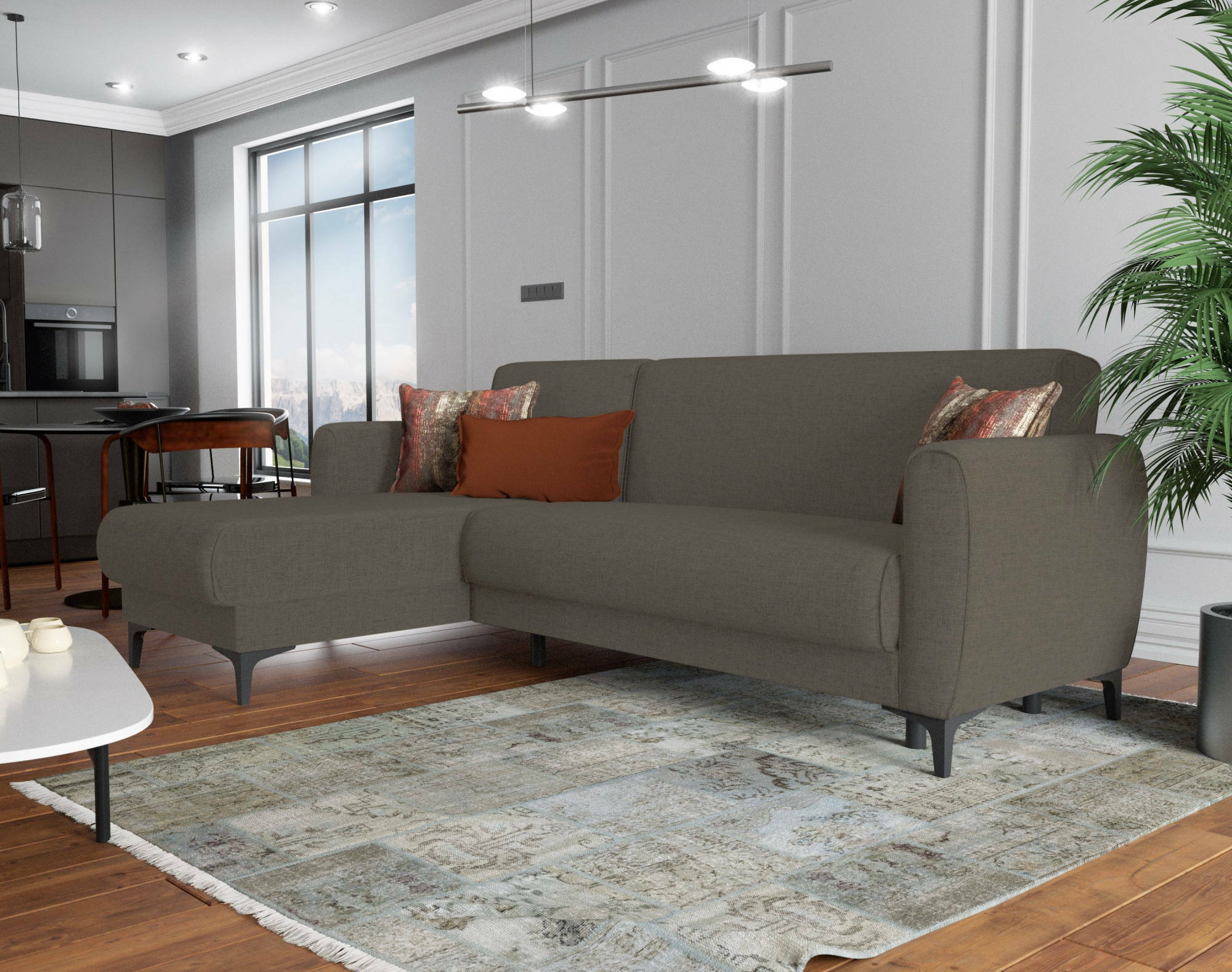 foto del prodotto divano letto aber, divano letto ad angolo con penisola reversibile, sofã&nbsp; contenitore moderno con chaiselongue e 3 cuscini, cm 230x153h85, marrone