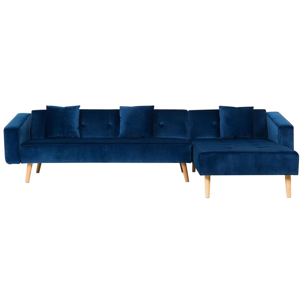 foto del prodotto divano letto ad angolo con 3 cuscini rivestimento in velluto blu gambe in legno chiaro chaise longue reclinabile versione sinistra a 4 posti