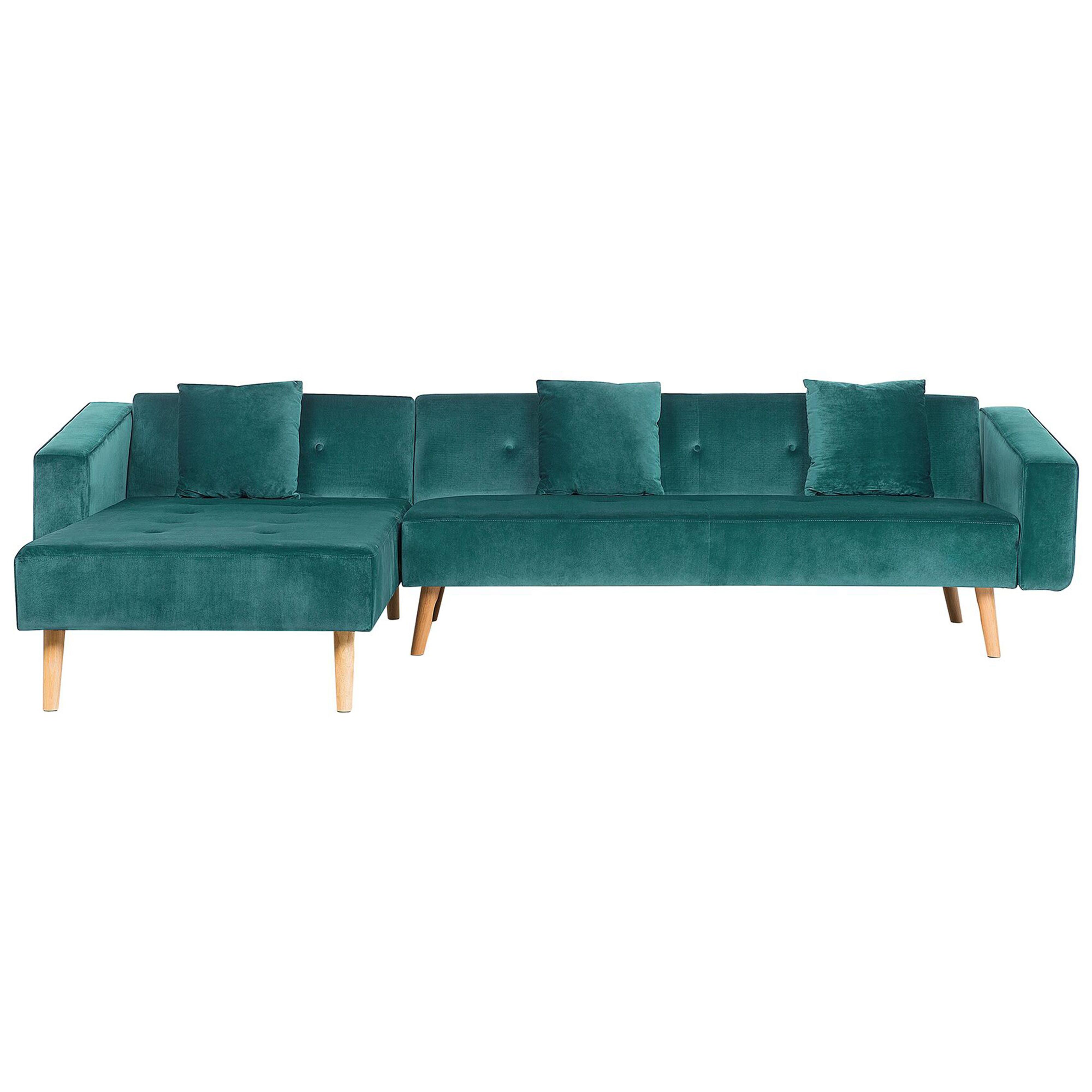 foto del prodotto divano letto ad angolo con 3 cuscini rivestimento in velluto verde gambe in legno chiaro chaise longue reclinabile versione destra a 4 posti