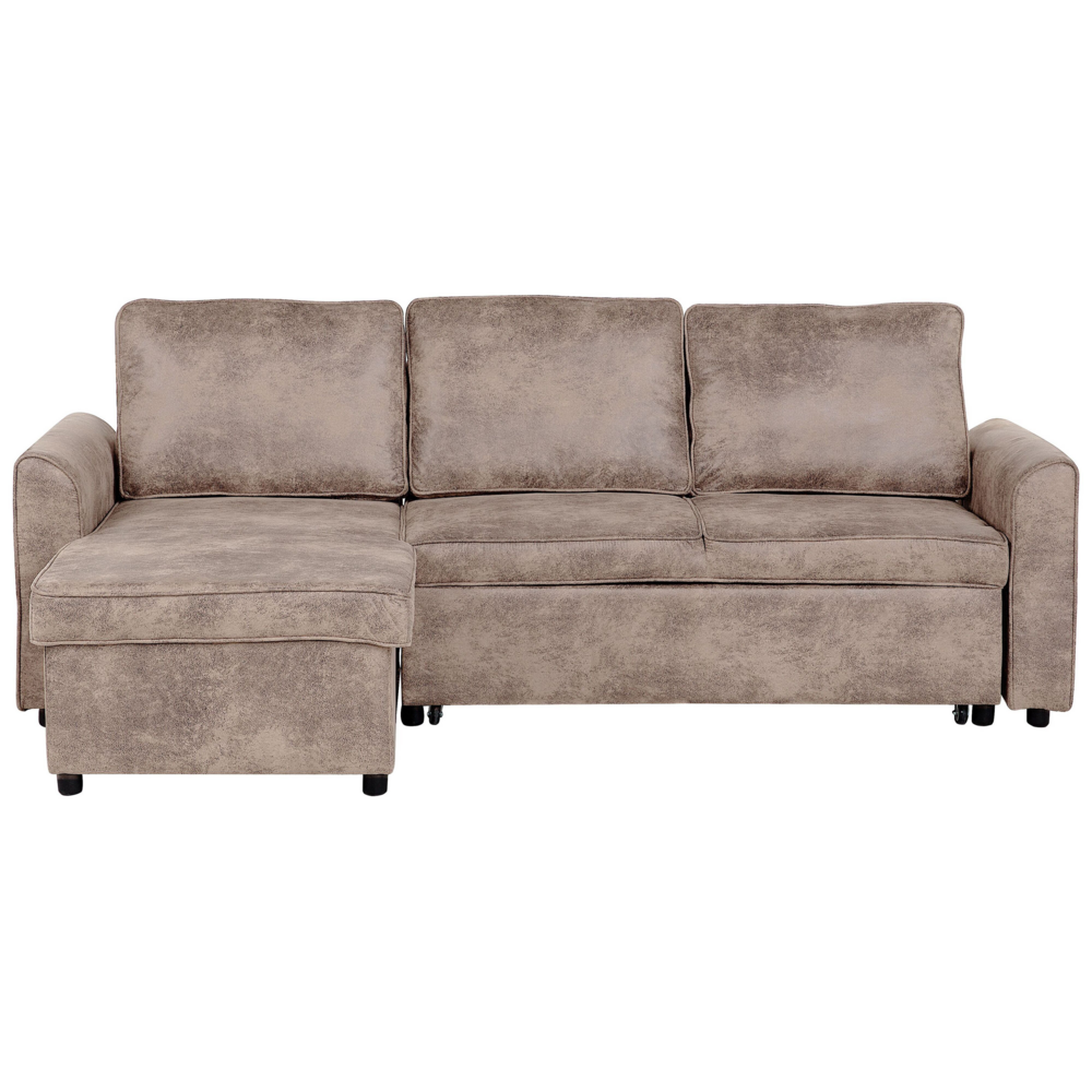 foto del prodotto divano letto ad angolo con orientamento a versione destra imbottito in ecopelle marrone con letto contenitore