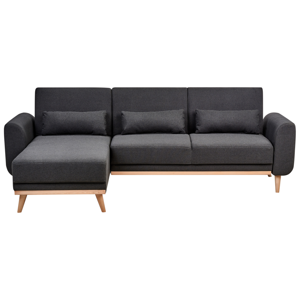 foto del prodotto divano letto ad angolo rivestimento nero in tessuto poliestere gambe in legno chiaro cuscini design moderno