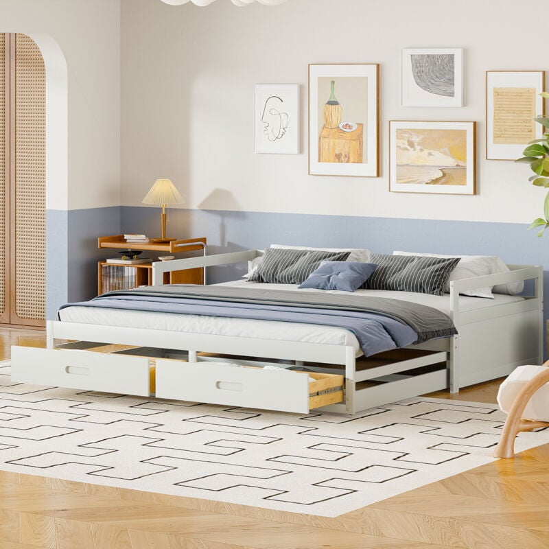 foto del prodotto divano letto allungabile 90 180200 cm con cassetti e reti a doghe, letto in pino con contenitore, bianco ex sku ld000033aak 