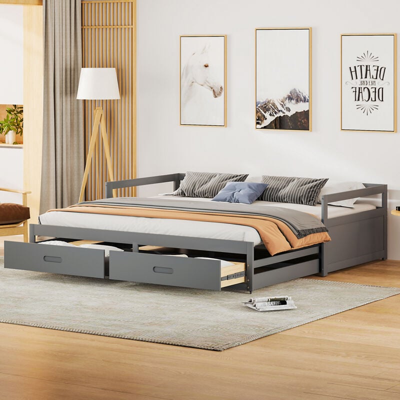 foto del prodotto divano letto allungabile 90 180200 cm con cassetti e reti a doghe, letto in pino con contenitore, grigio ex sku ld000033aae 