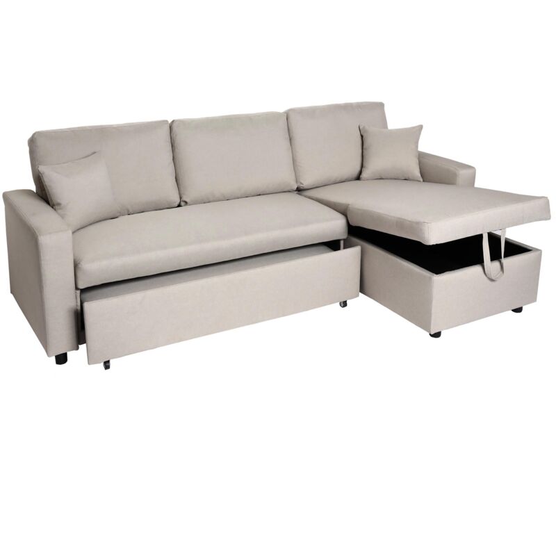 foto del prodotto divano letto angolare contenitore con penisola sof reclinabile hhg 309 legno tessuto beige