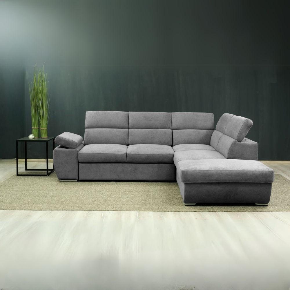 immagine 0 del prodotto divano letto angolare destro arizona con pouf contenitore e poggiatesta regolabili colore grigio 264x224x78h