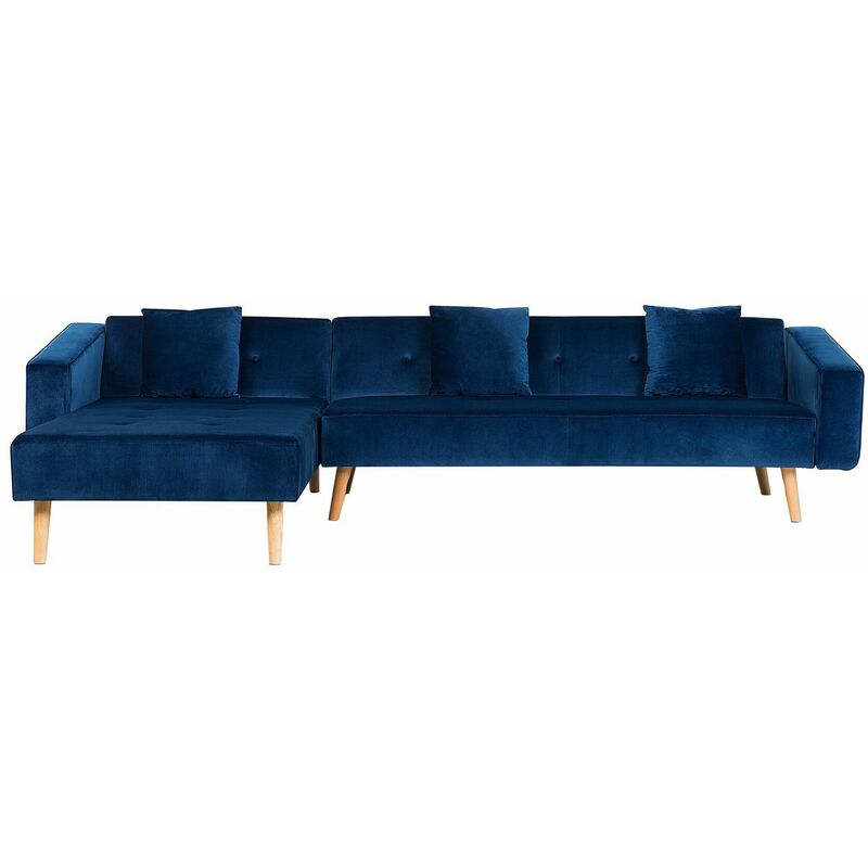 foto del prodotto divano letto angolare destro in velluto blu e gambe in legno chiaro vadso