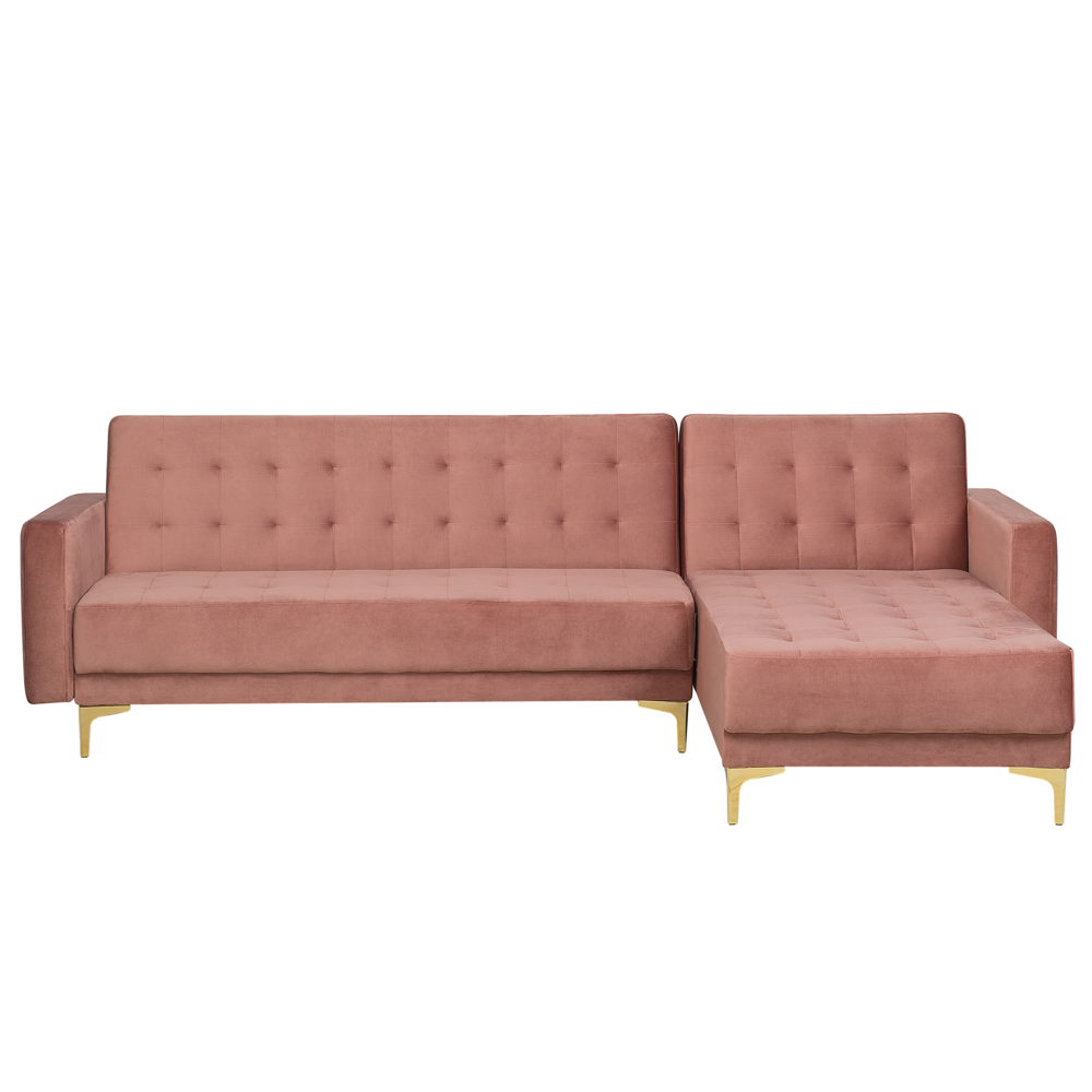 foto del prodotto divano letto angolare in velluto rosa capitonn in tessuto moderno a l componibile a 4 posti chaise longue versione destra