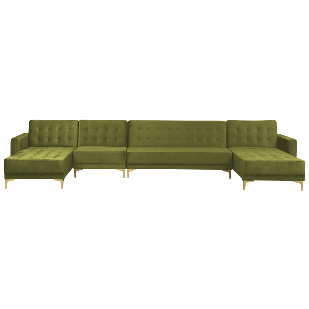 foto del prodotto divano letto angolare in velluto verde oliva tessuto trapuntato moderno a forma di u modulare a 6 posti con chaise longue