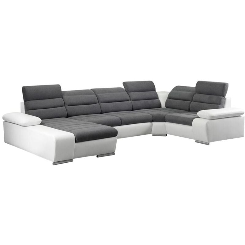 foto del prodotto divano letto angolare panoramico in tessuto e similpelle bicolore grigio e bianco angolo a sinistra boileau