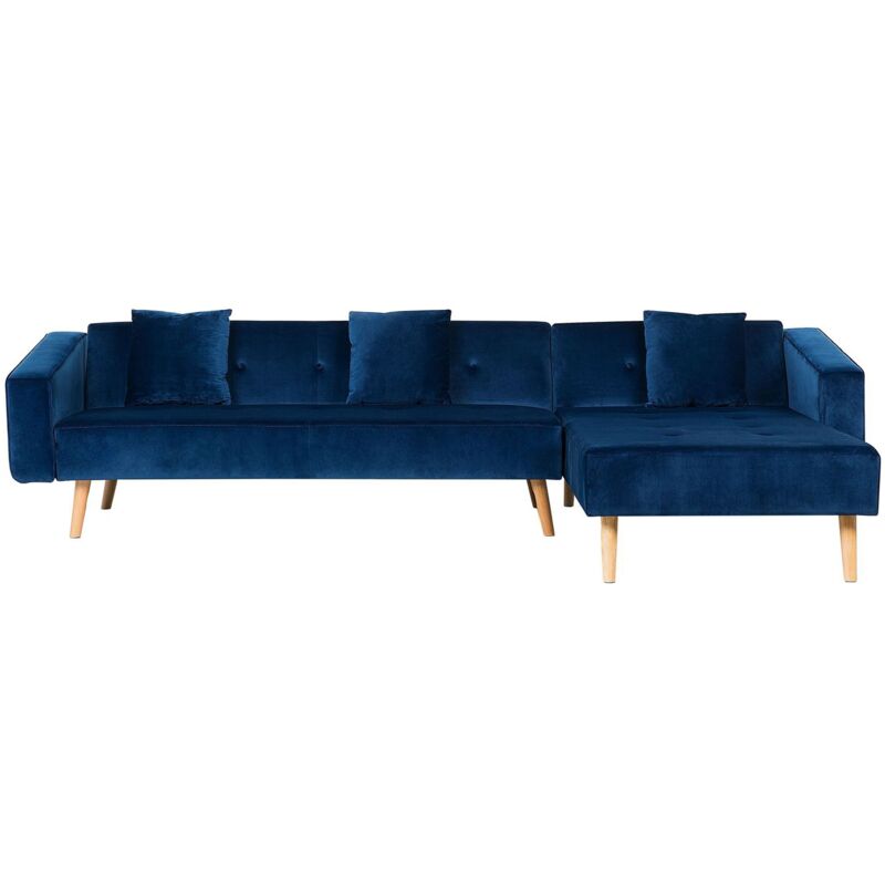 foto del prodotto divano letto angolare sinistro in velluto blu gambe legno chiaro vadso