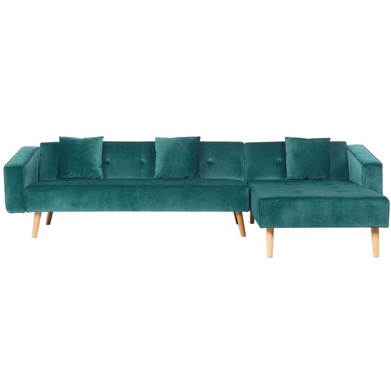 foto del prodotto divano letto angolare sinistro in velluto verde gambe legno chiaro vadso