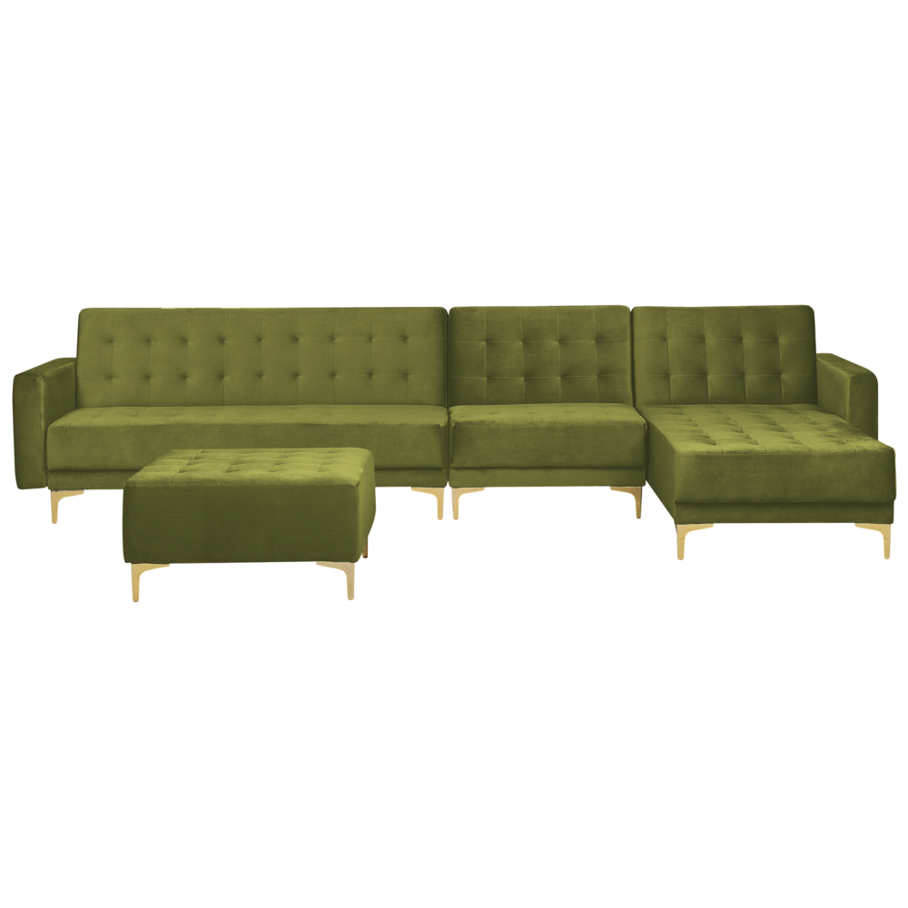 foto del prodotto divano letto angolare tessuto trapuntato velluto verde oliva moderna a forma di l modulare 5 posti con pouf versione sinistra chaise longue
