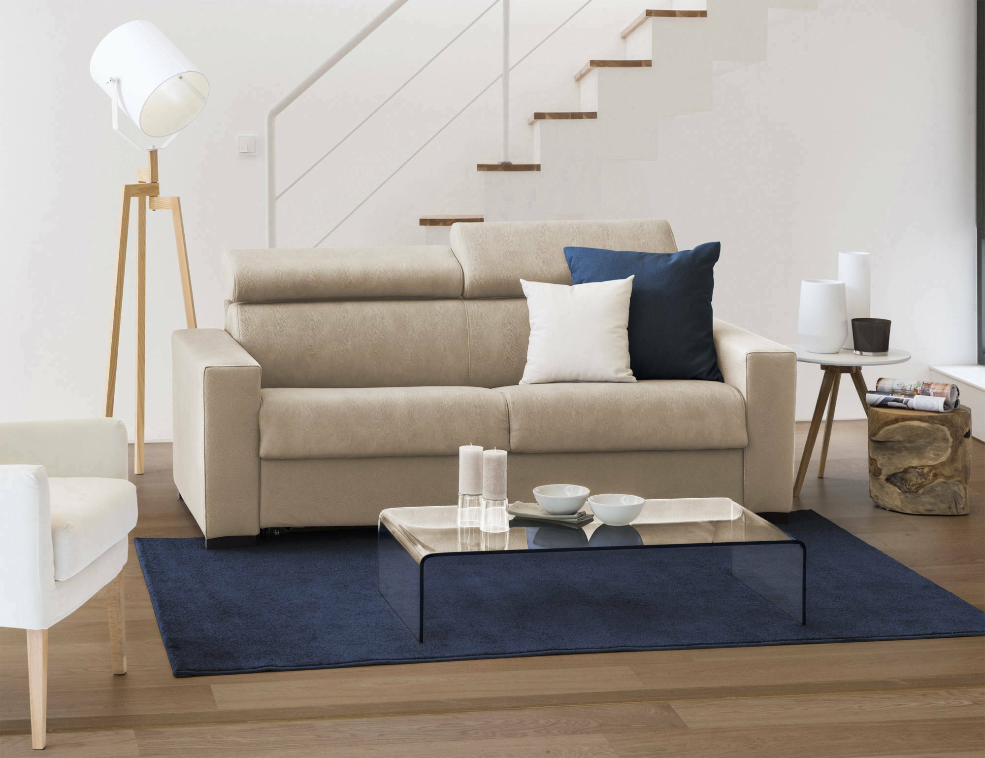 foto del prodotto divano letto annalara, divano a 2 posti, made in italy, sof soggiorno con apertura girevole, con poggiatesta regolabili e braccioli standard, cm 180x95h85, beige