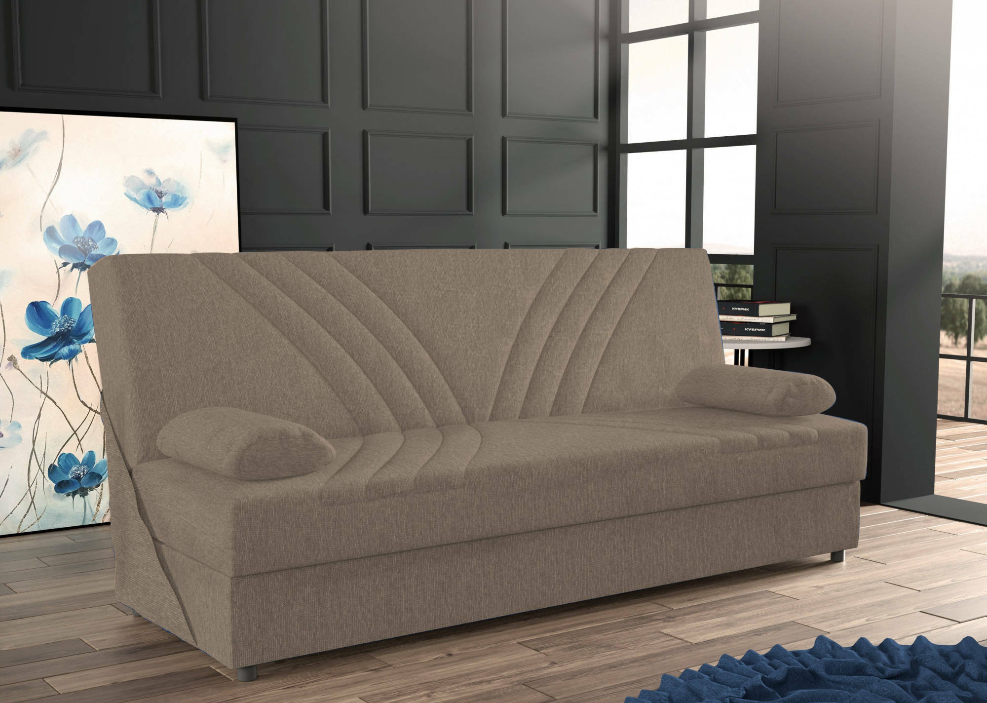 foto del prodotto divano letto apicella, divano letto contenitore a 3 posti con 2 cuscini inclusi, sof da soggiorno in tessuto imbottito con apertura click clack, cm 181x81h88, beige