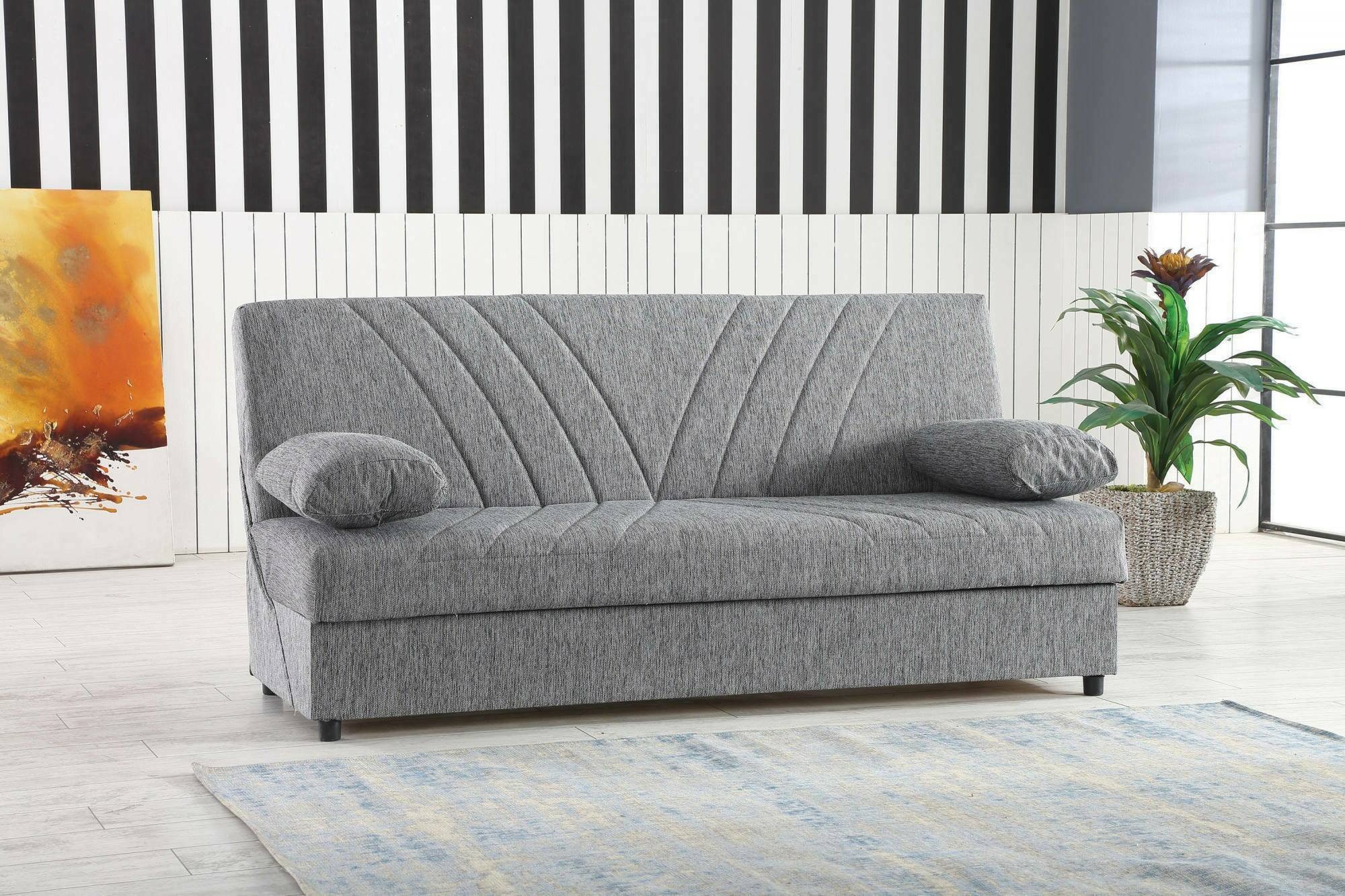 foto del prodotto divano letto apicella, divano letto contenitore a 3 posti con 2 cuscini inclusi, sof da soggiorno in tessuto imbottito con apertura click clack, cm 181x81h88, grigio
