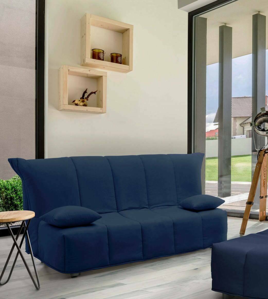 foto del prodotto divano letto ariska, divano a 2 posti, made in italy, sof soggiorno con apertura a carrello con apertura a carrello, in tessuto imbottito, con cuscini inclusi, cm 125x90h85, colore blu