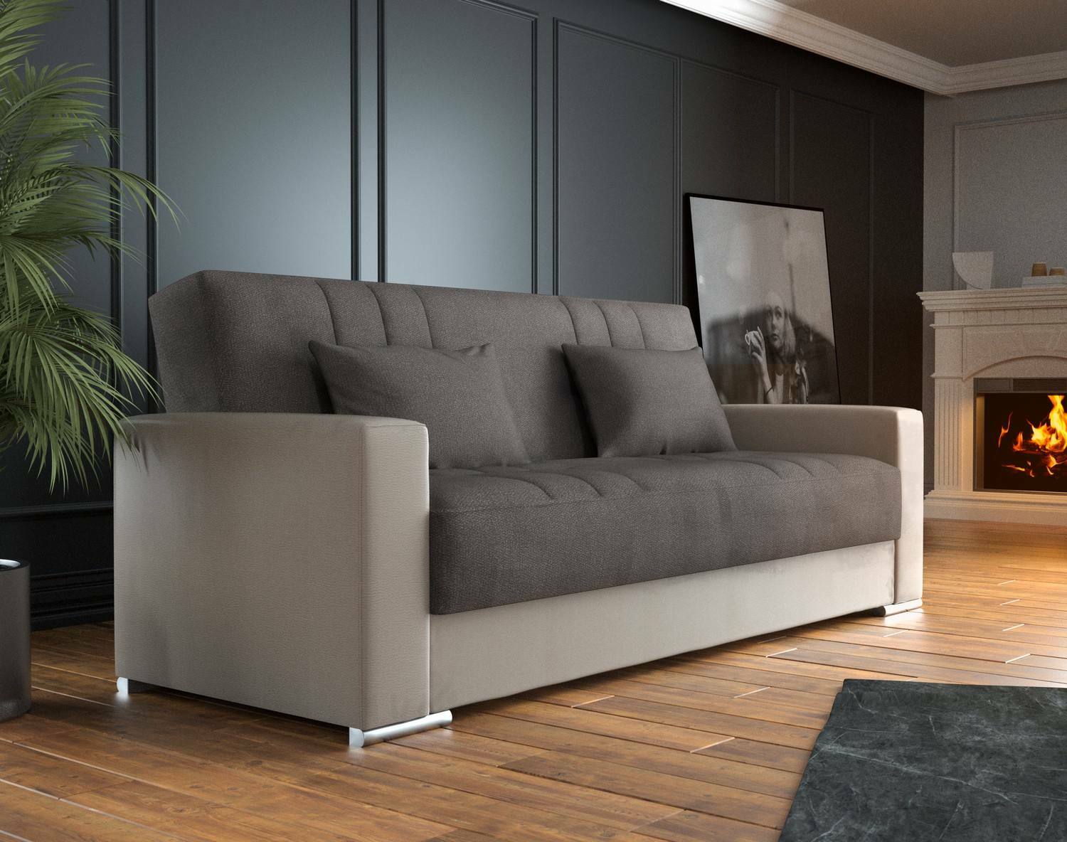 foto del prodotto divano letto arix, divano letto contenitore a 3 posti in ecopelle e tessuto, sof da soggiorno con apertura click clack e 2 cuscini inclusi, 230 x96h101 cm, beige e grigio