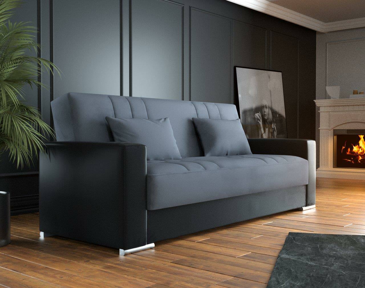 foto del prodotto divano letto arix, divano letto contenitore a 3 posti in ecopelle e tessuto, sof da soggiorno con apertura click clack e 2 cuscini inclusi, cm 230 x96h101, nero e grigio