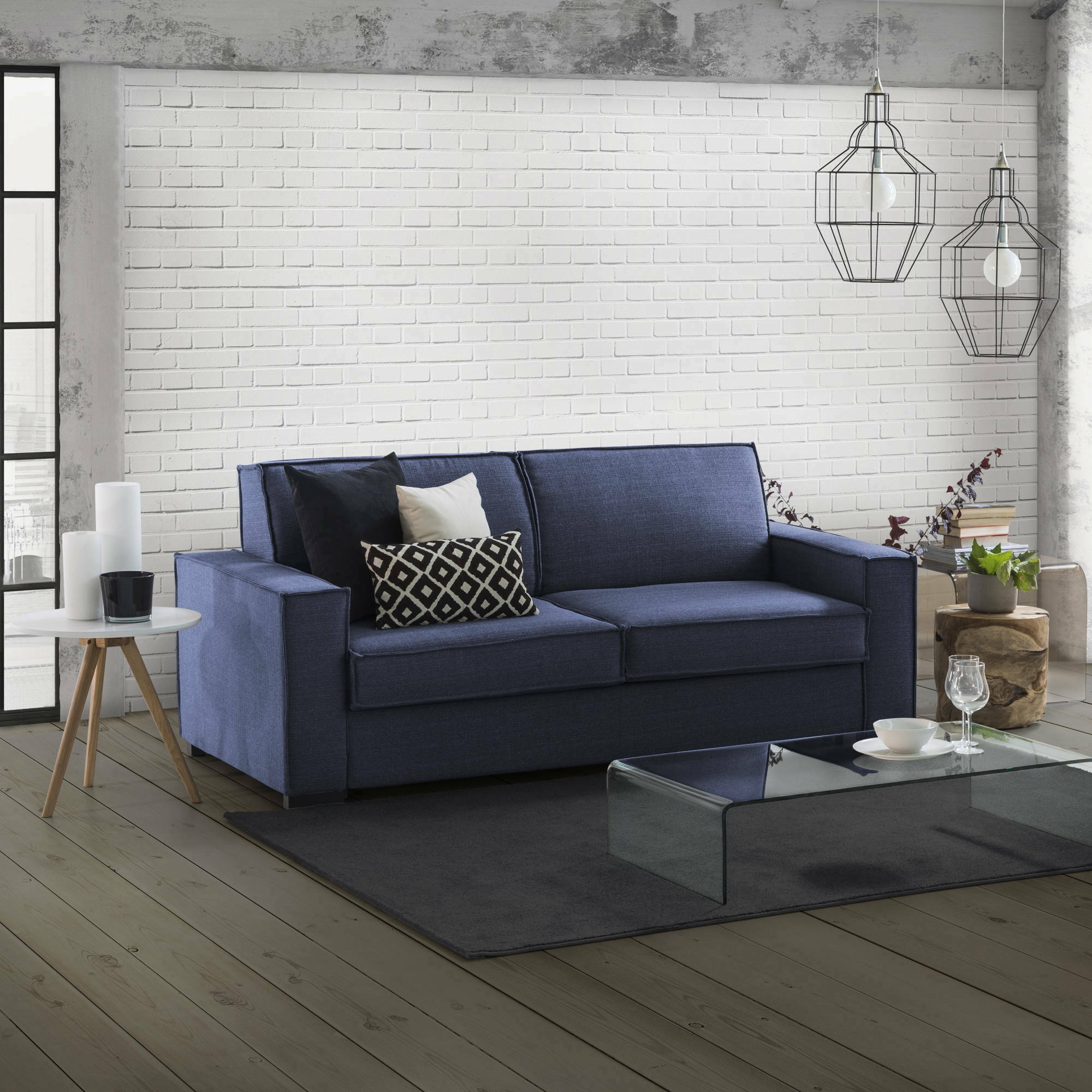 foto del prodotto divano letto asteroide, divano a 3 posti, made in italy, sof soggiorno con apertura girevole, in tessuto imbottito, con braccioli standard, cm 220x95h90, blu
