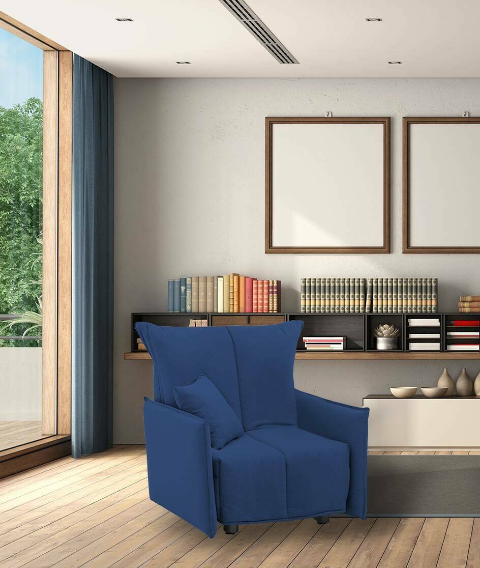 foto del prodotto divano letto atlantis, divano singolo, made in italy, poltrona soggiorno con apertura a carrello, in tessuto imbottito, con braccioli standard, cm 110x90h85, colore blu