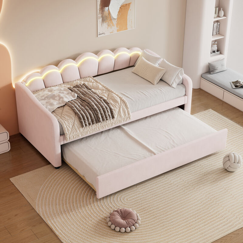 foto del prodotto divano letto, chaise longue 90x200 cm con letto estraibile, divano letto, letto singolo senza materasso , velluto, luce d atmosfera che cambia