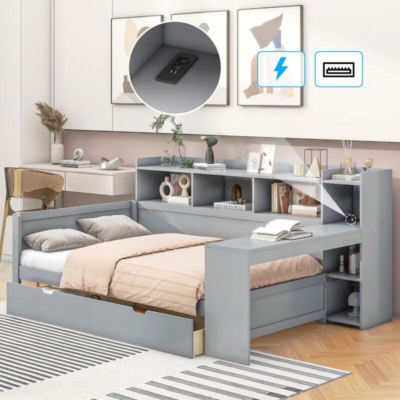 foto del prodotto divano letto, chaise longue, divano letto, 90 x 200 cm, ripiano comodino e ripiano sotto tavolo, letto con presa e porta usb, 2 cassetti, scrivania,