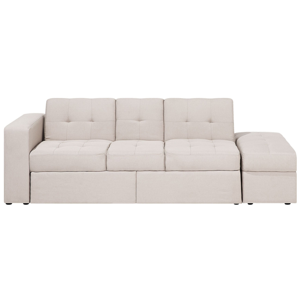foto del prodotto divano letto componibile pouf contenitore beige cassetti estraibili click clack vassoio ribaltabile portabicchieri