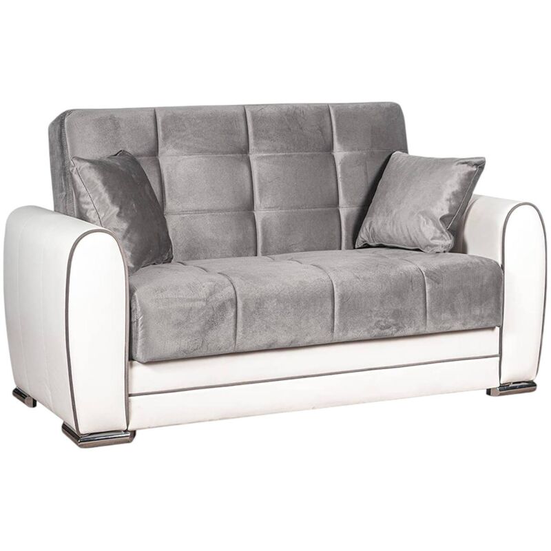 foto del prodotto divano letto con penisola aloe, divano contenitore reversibile in ecopelle e tessuto, sof apertura click clack, 163x84h91 cm, bianco e grigio dmora