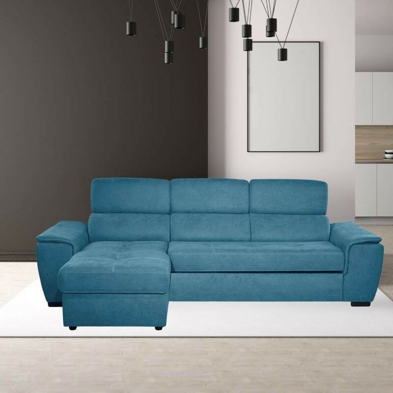 foto del prodotto divano letto con penisola contenitore reversibile con poggiatesta reclinabili verde acqua lometo