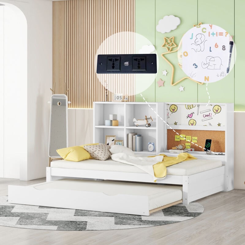 foto del prodotto divano letto con rotelle, porta di ricarica usb, tavolo da disegno, vani multipli, bianco, 90 x 200 cm