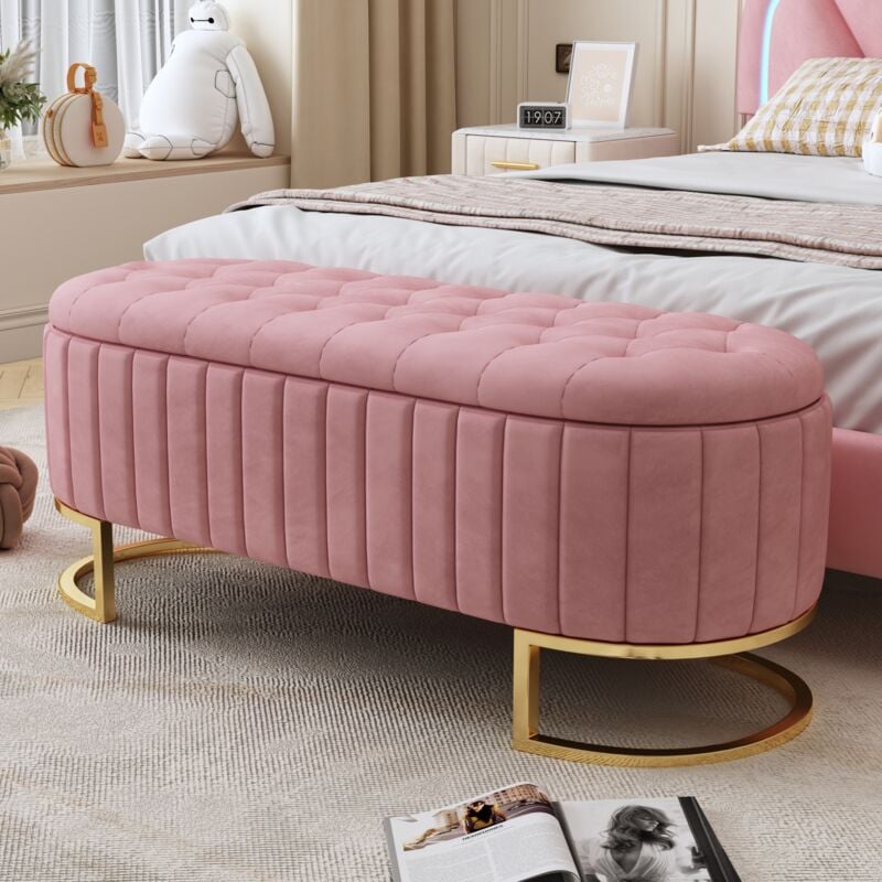 foto del prodotto divano letto contenitore e poggiapiedi 120 x 40 cm, poggiapiedi imbottito con contenitore, panca per divano, tessuto in velluto rosa