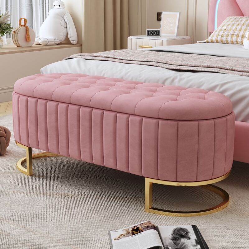 foto del prodotto divano letto contenitore e poggiapiedi 120 x 40 cm, poggiapiedi imbottito con contenitore, panca per divano, tessuto in velluto rosa
