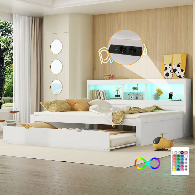 foto del prodotto divano letto, divano letto, chaise longue, 140200cm, illuminazione d atmosfera telecomandata, comodino con contenitore, letto estraibile, presa 