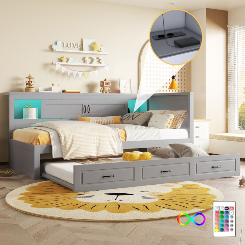 foto del prodotto divano letto, divano letto, chaise longue, 90200cm, illuminazione d atmosfera telecomandata, comodino con contenitore, letto estraibile, presa usb,