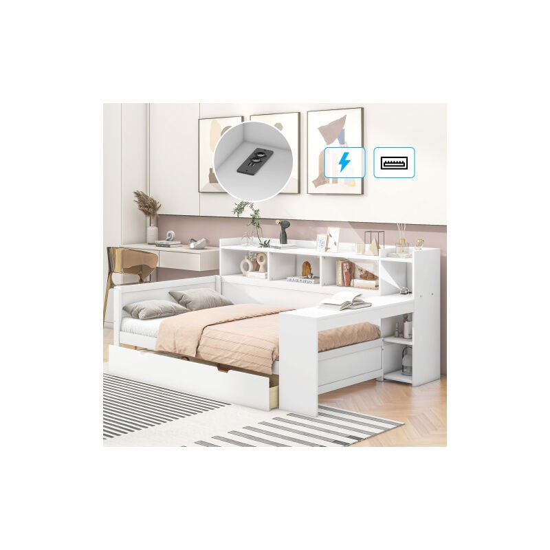 foto del prodotto divano letto, divano letto, divano letto, 90 x 200 cm, ripiano comodino e ripiano sotto il tavolo, letto con presa e porta usb, 2 cassetti,
