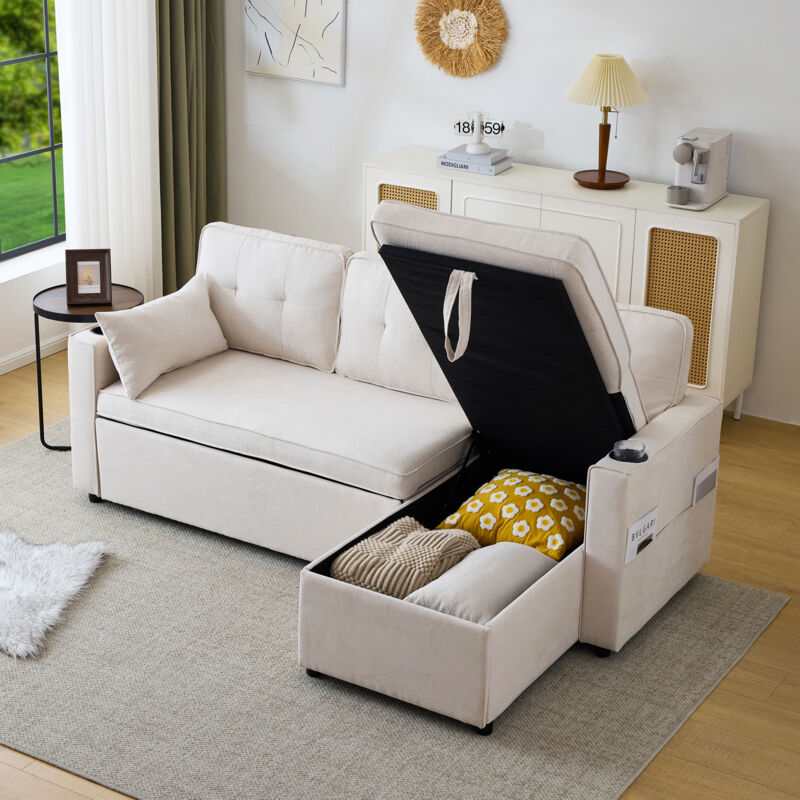 foto del prodotto divano letto, divano letto imbottito a l con letto estraibile, spazio di archiviazione, 1 portabicchieri, cotone e lino, beige