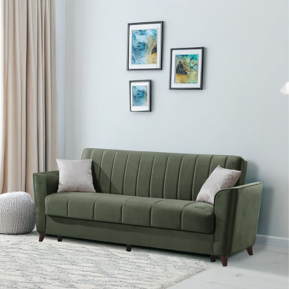 foto del prodotto divano letto duca 3 posti verde con contenitore e funzione letto 223x86x89h