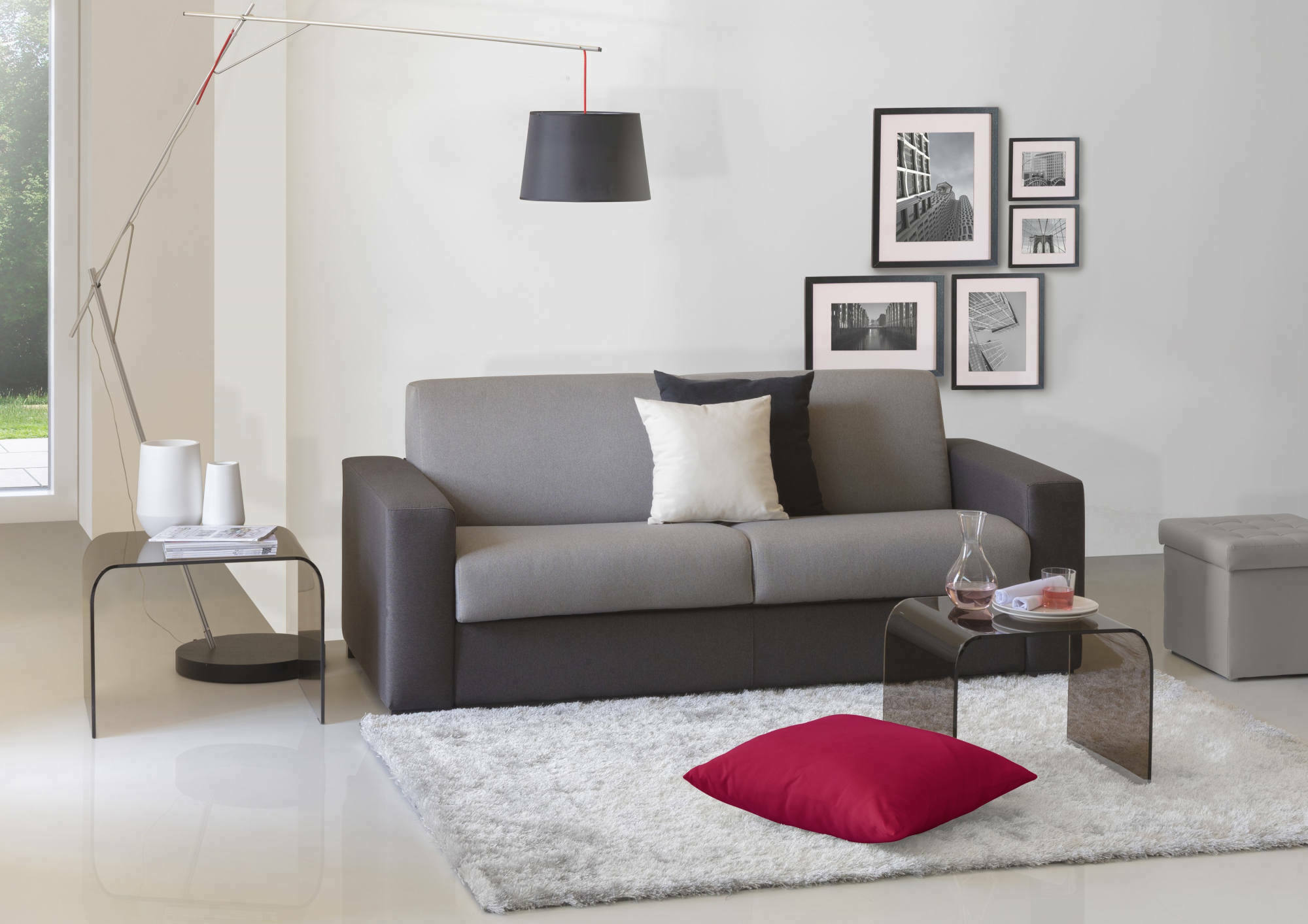 foto del prodotto divano letto estia, divano a 3 posti, made in italy, sof soggiorno con apertura girevole, in tessuto imbottito, con braccioli standard, cm 220x95h90, grigio e antracite