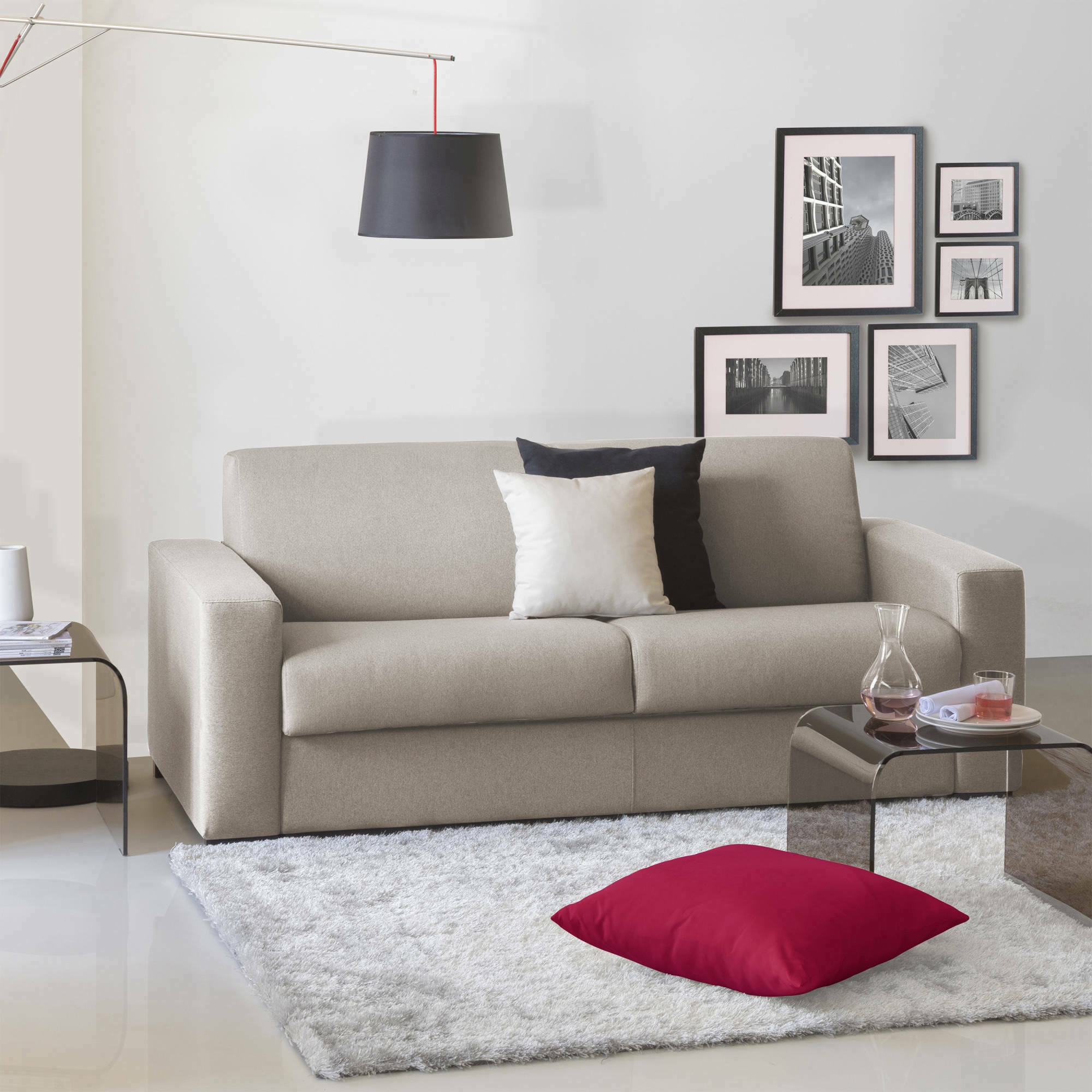 foto del prodotto divano letto estia, divano a 3 posti, made in italy, sof soggiorno con apertura girevole, in tessuto imbottito, con braccioli standard, cm 220x95h90, tortora