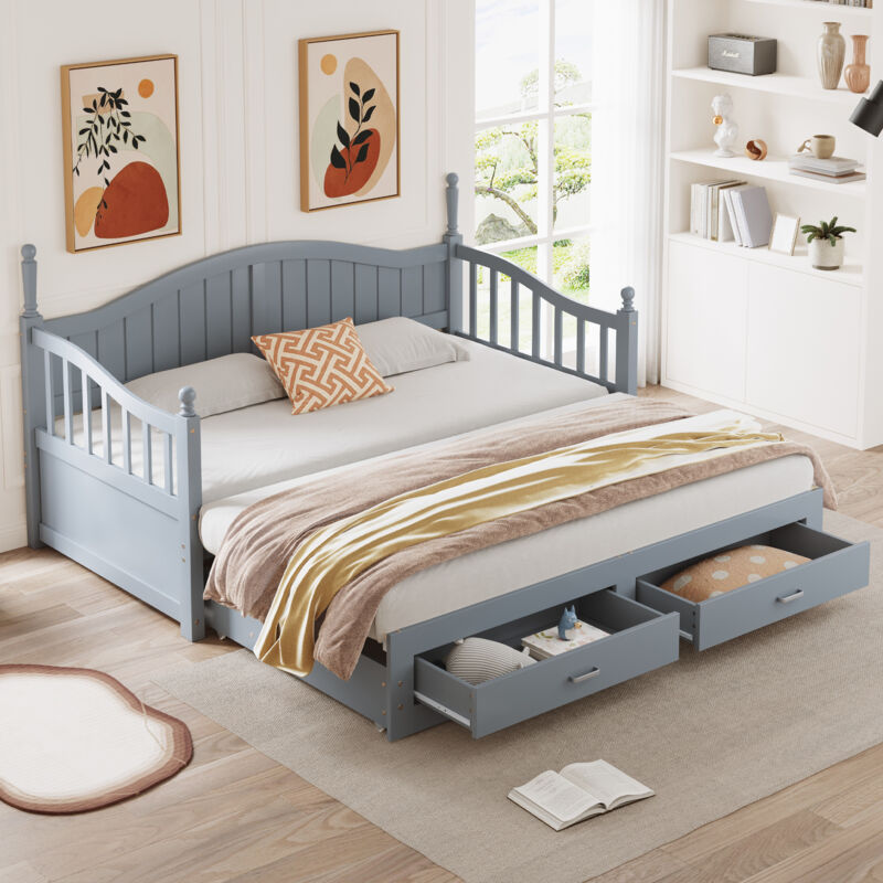 foto del prodotto divano letto estraibile 90 180x190 cm, con colonne romane, schienale, braccioli curvi, con cassetti e rete a doghe, legno massello, grigio