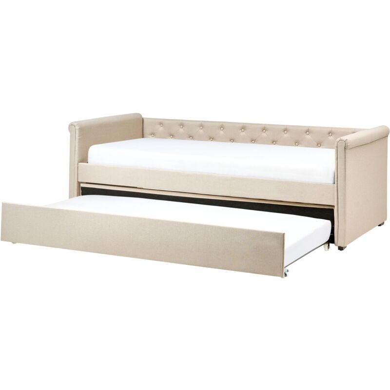 foto del prodotto divano letto estraibile 90 x 200 cm rivestimento in tessuto beige taglia unica sottoletto per ospiti abbottonato