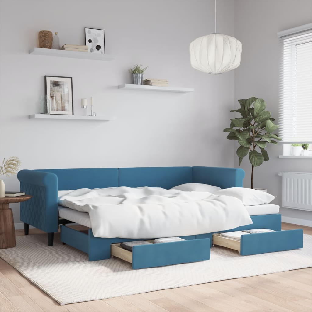 foto del prodotto divano letto estraibile con cassetti blu 80x200 cm in velluto