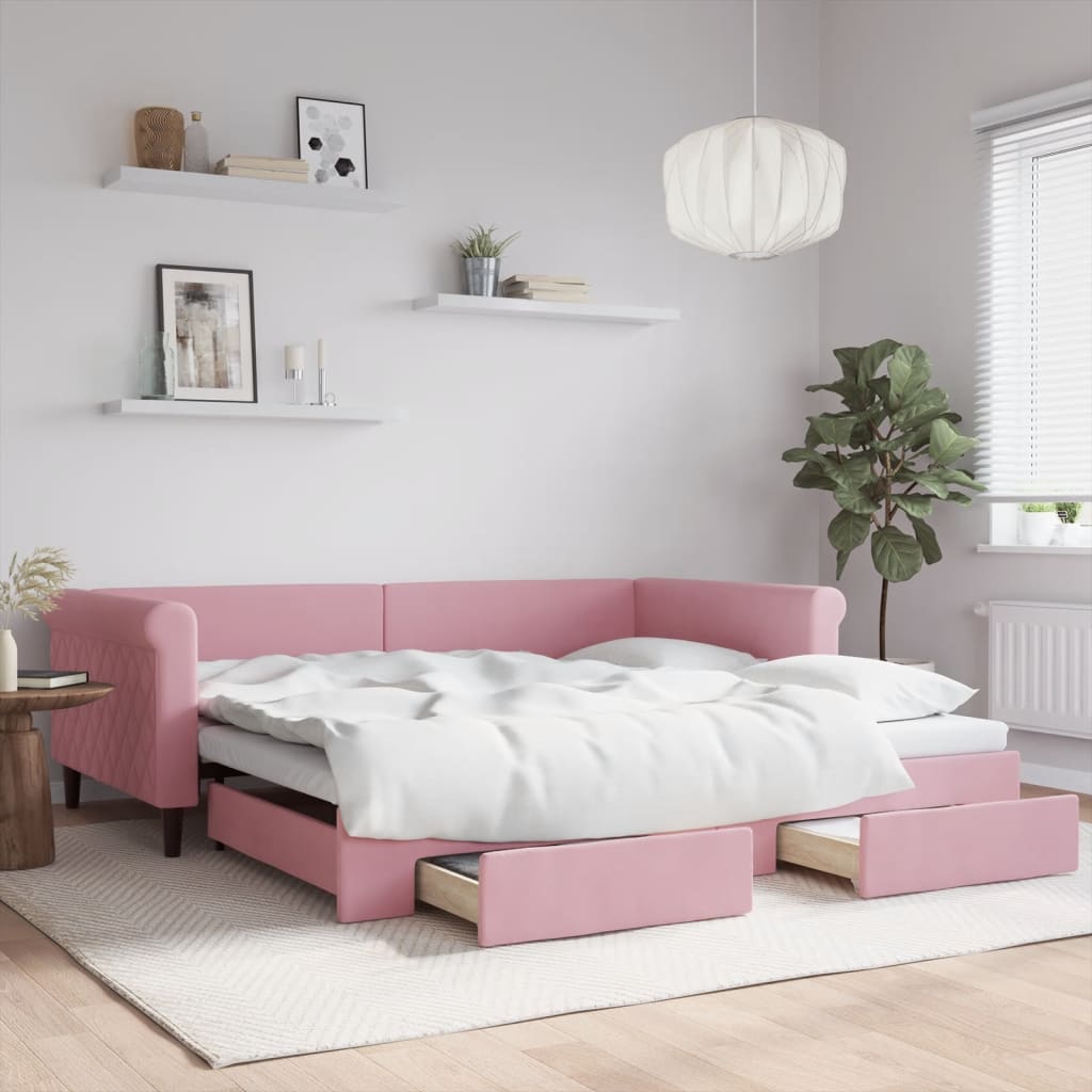 foto del prodotto divano letto estraibile con cassetti rosa 100x200 cm velluto