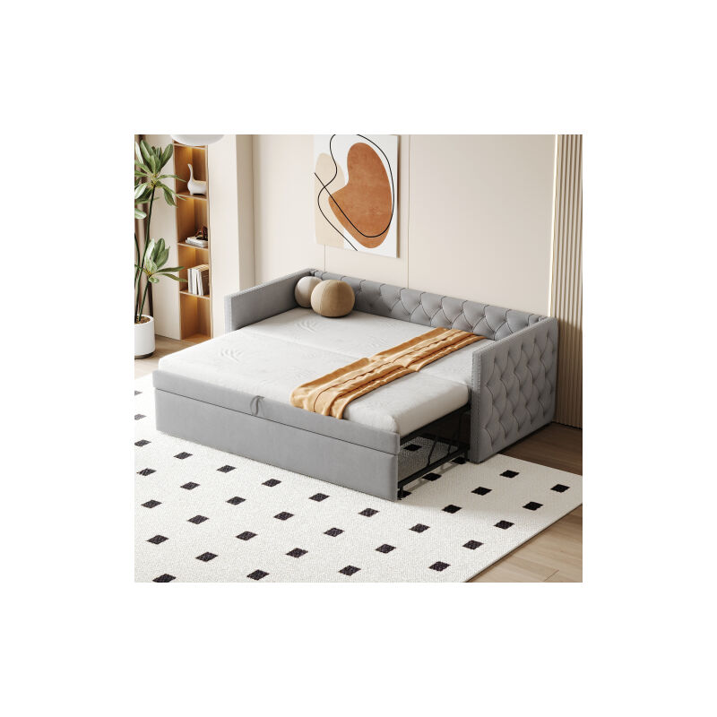 foto del prodotto divano letto estraibile, letto capitonn 90x200 cm con rete a doghe, tessuto in velluto delicato sulla pelle, grigio chiaro, senza materasso