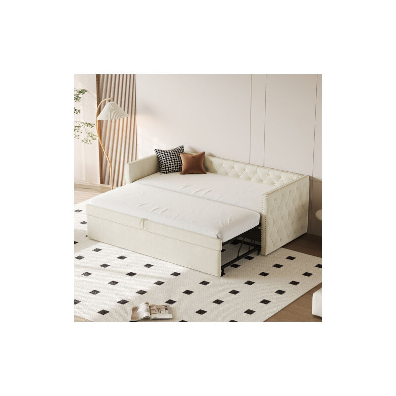 foto del prodotto divano letto estraibile, letto imbottito beige 90x200 cm con bottoni e rete a doghe, tessuto in velluto delicato sulla pelle, senza materasso