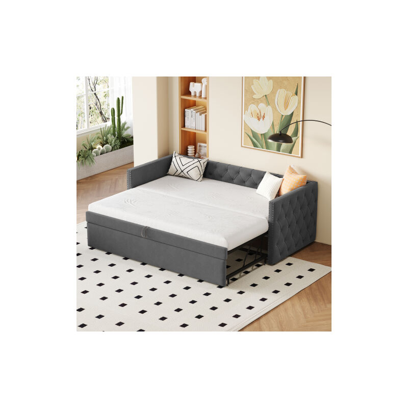 foto del prodotto divano letto estraibile, letto imbottito grigio 90x200 cm con bottoni e rete a doghe, tessuto in velluto delicato sulla pelle, senza materasso