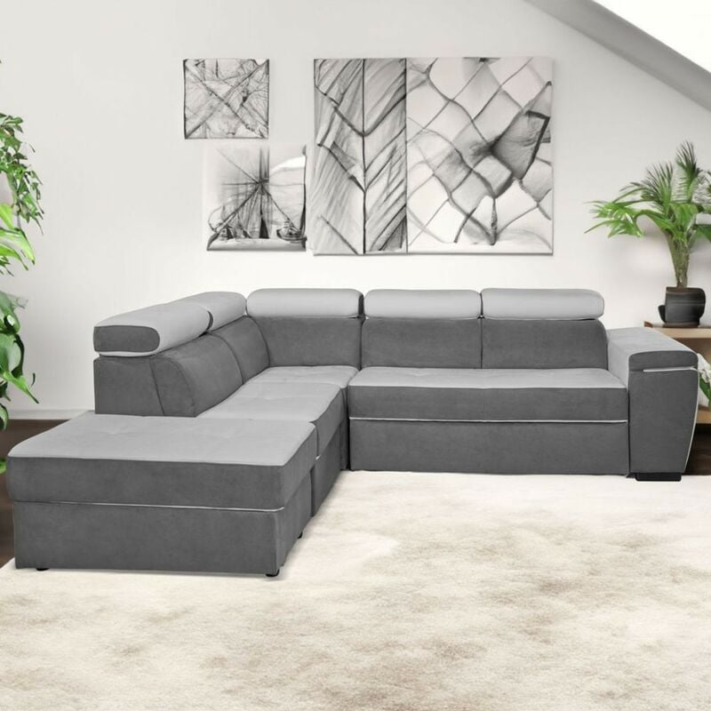 foto del prodotto divano letto estraibile tessuto bicolore grigio e grigio chiaro con penisola reversibile kutri luna24 e luna16 280x230x85h