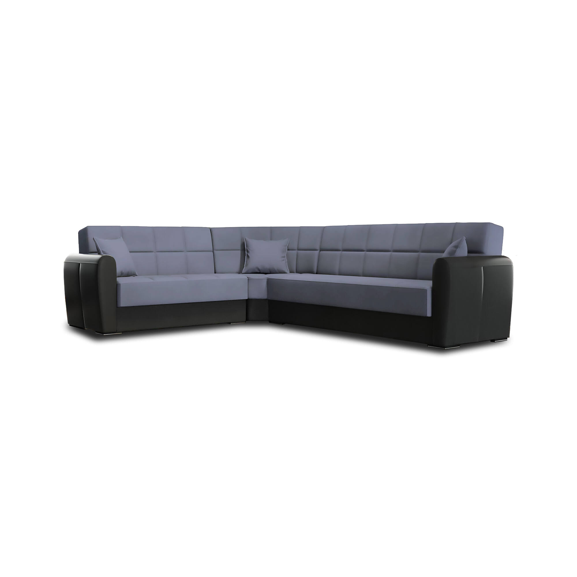 foto del prodotto divano letto gaillardia, divano letto contenitore ad angolo in ecopelle e tessuto, sof da soggiorno con apertura click clack e penisola reversibile, 305x238h91 cm, nero e grigio