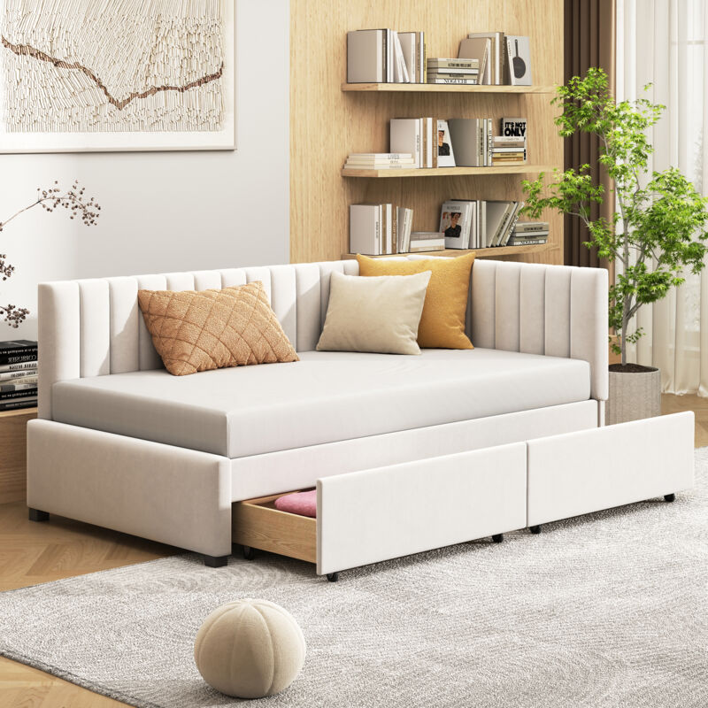 foto del prodotto divano letto imbottito 90200 letto multifunzionale con 2 ampi cassetti portaoggetti e rete a doghe in tessuto di velluto delicato sulla pelle beige